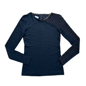 Akris Punto black one‎ sleeve asymmetrical crotchet modal blend longsleeve top